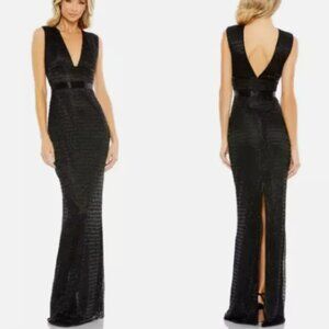 MAC DUGGAL 5625 BEADED CAP SLEEVE V-NECK BLACK SEQUIN COLUMN GOWN sz 14